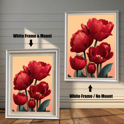 A split image of the red tulip art print. The left side shows the artwork with a White Frame & Mount (matting), and the right shows it with a White Frame / No Mount.