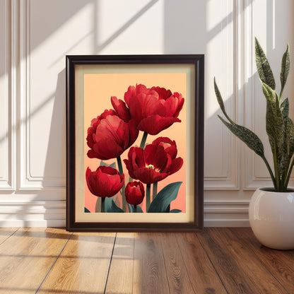 A framed print of the red tulip art in a Coffee/Dark Brown Frame with a Mount (matting). The frame is leaning against a white wainscoting wall on a wood floor, next to a potted snake plant.
