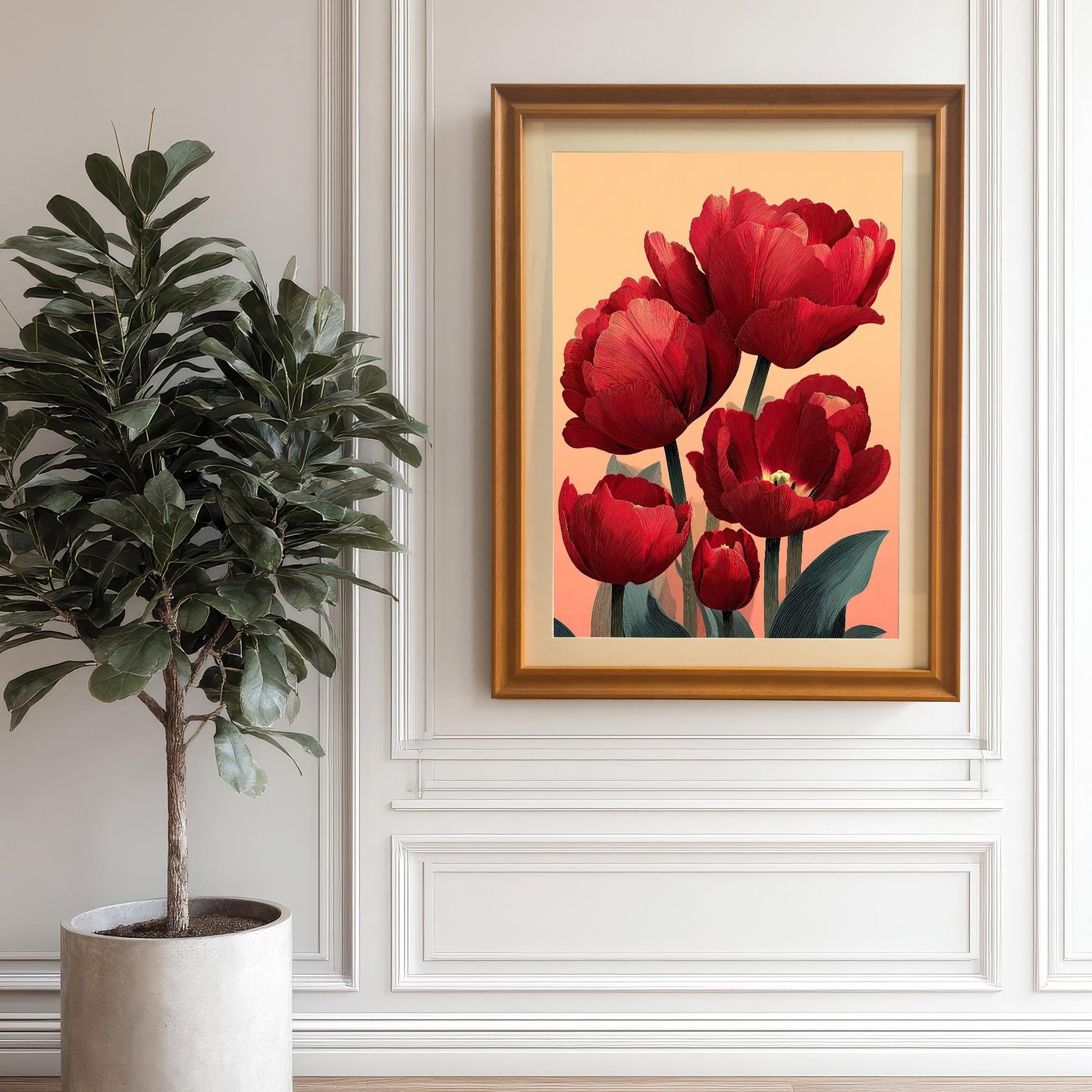 A framed print of the red tulip art in a Wood/Orange frame hanging on a white wainscoting wall next to a large potted houseplant (Ficus lyrata).