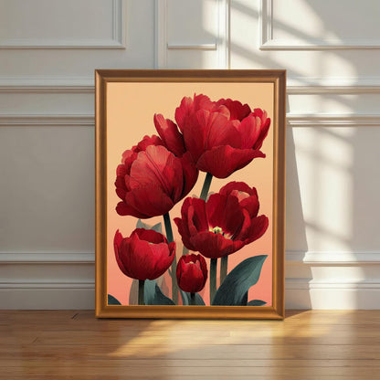 A framed print of the red tulip art in a Wood/Orange frame leaning against a white wainscoting wall on a wooden floor, with dramatic sunlight casting a shadow.