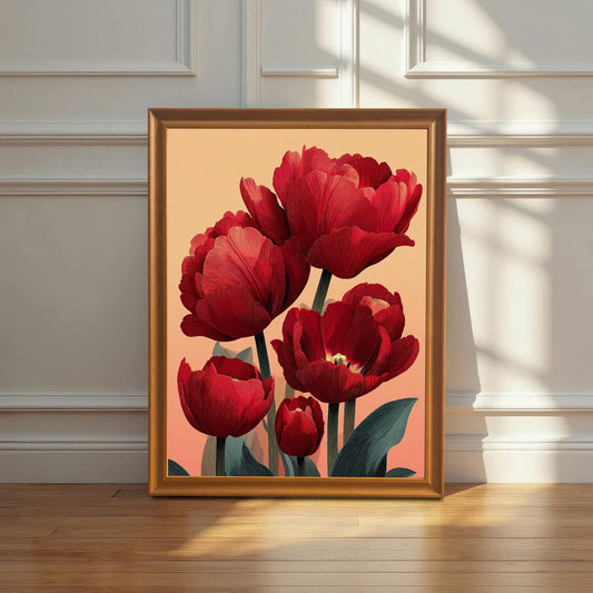 A framed print of the red tulip art in a Wood/Orange frame leaning against a white wainscoting wall on a wooden floor, with dramatic sunlight casting a shadow.