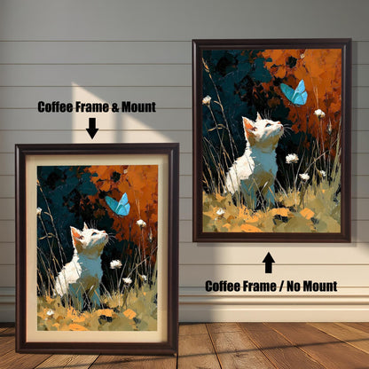 Comparison of the framed art print. On the left, a Coffee Frame & Mount (mat) around the art. On the right, a Coffee Frame / No Mount (no mat) around the art.