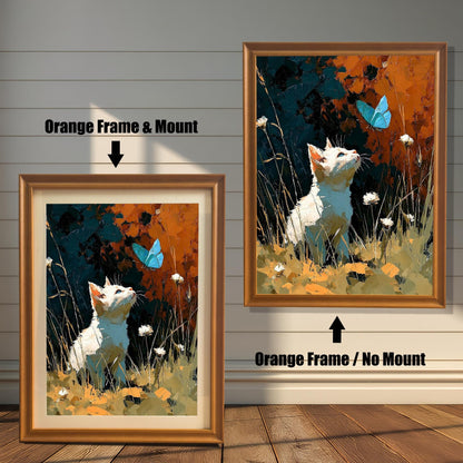 Comparison of the framed art print. On the left, an Orange Frame & Mount (mat) around the art. On the right, an Orange Frame / No Mount (no mat) around the art.