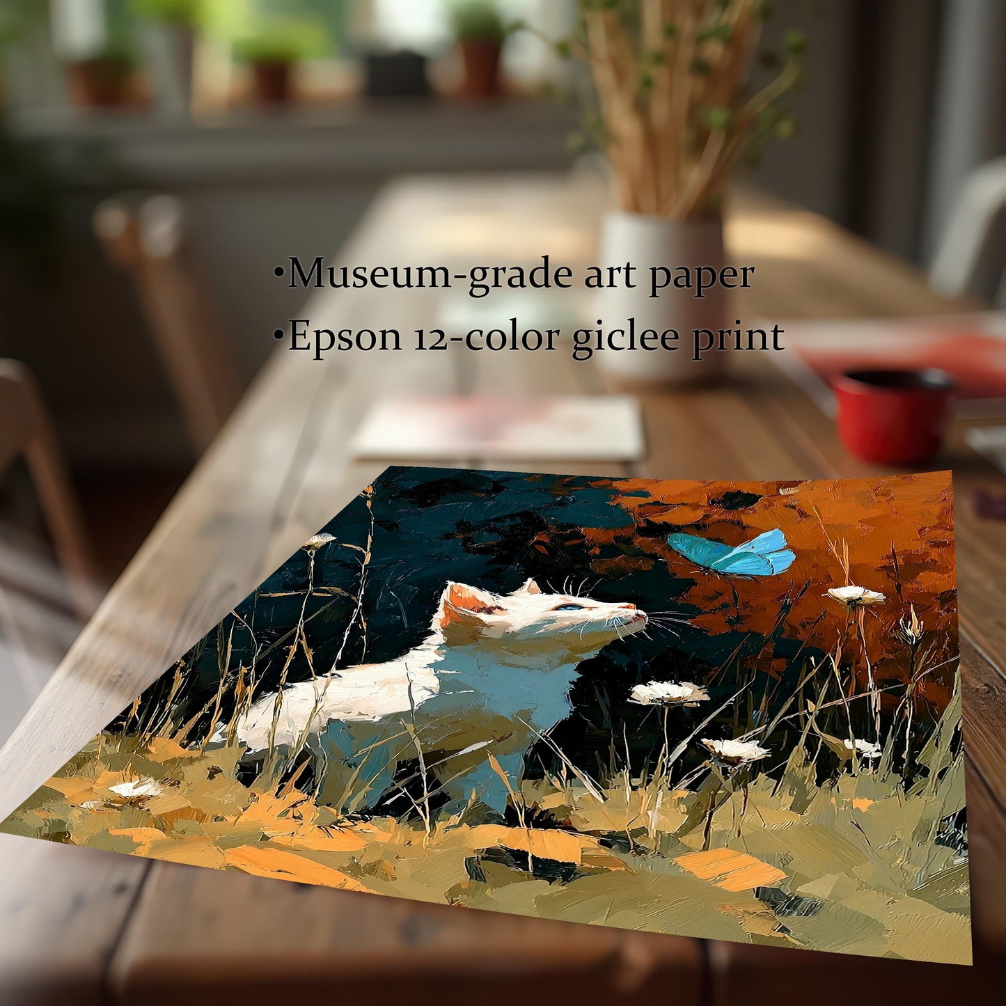 Close-up angled view of the art print on a wooden table, emphasizing the texture of the Museum-grade art paper and Epson 12-color giclee print quality.