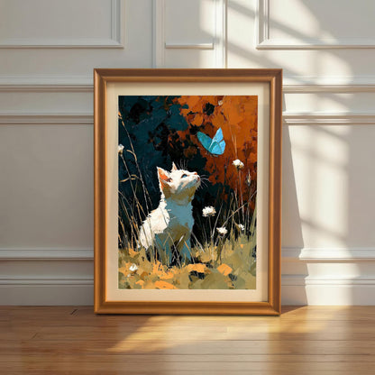 The framed art print in an Orange frame, resting on the floor against a white paneled wall, bathed in sunlight.