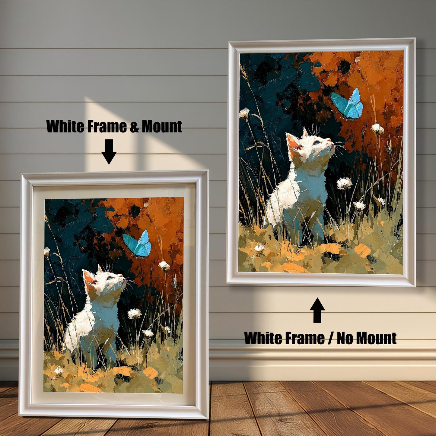 Comparison of the framed art print. On the left, a White Frame & Mount (mat) around the art. On the right, a White Frame / No Mount (no mat) around the art.