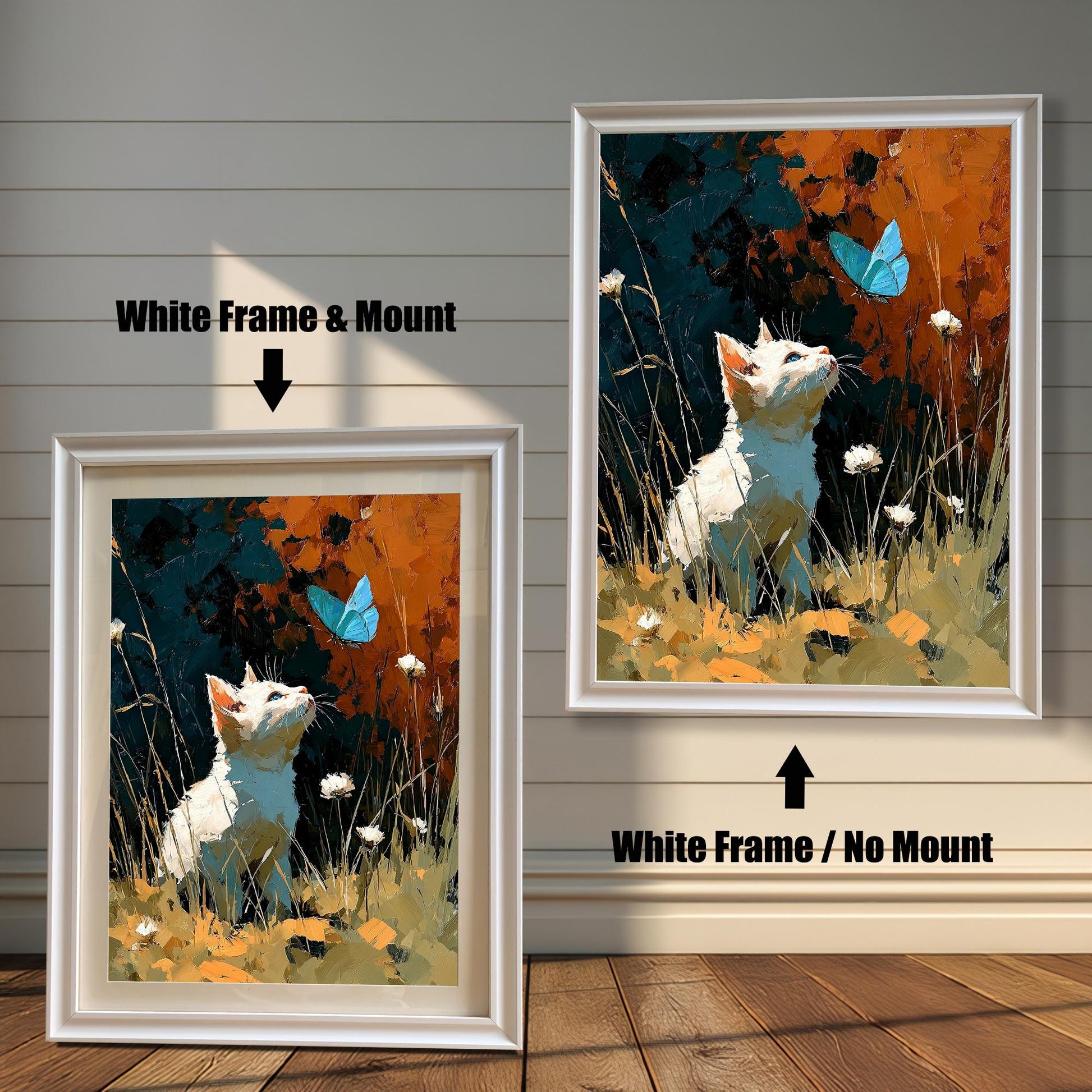 Comparison of the framed art print. On the left, a White Frame & Mount (mat) around the art. On the right, a White Frame / No Mount (no mat) around the art.