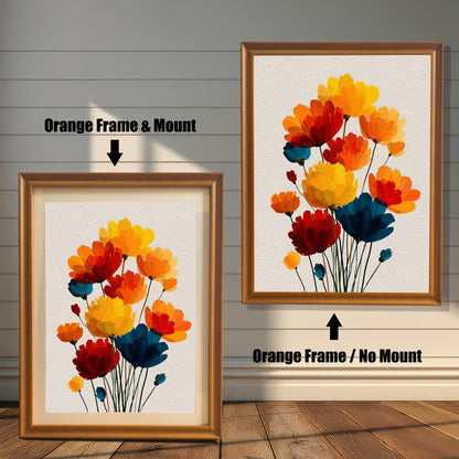 Comparison of the framed art print. On the left, an Orange Frame & Mount (mat) around the colorful flower art. On the right, an Orange Frame / No Mount (no mat) around the art.