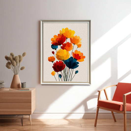 A framed art print of bright, abstract flowers in red, orange, yellow, and deep blue, hanging on a white wall in a modern living space with a wooden side table and a burnt-orange accent chair.