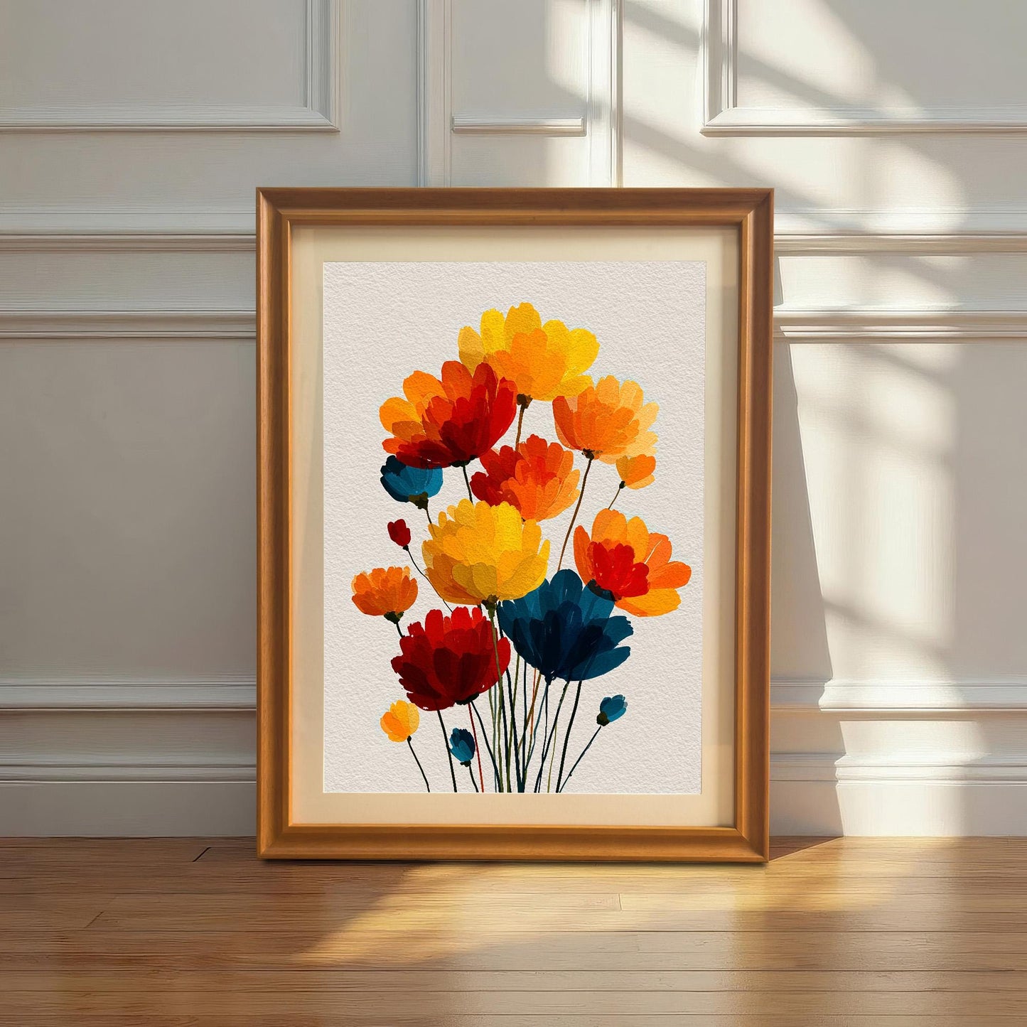 The floral art print in an Orange wood frame, resting on the wooden floor against a white paneled wall, bathed in sunlight.
