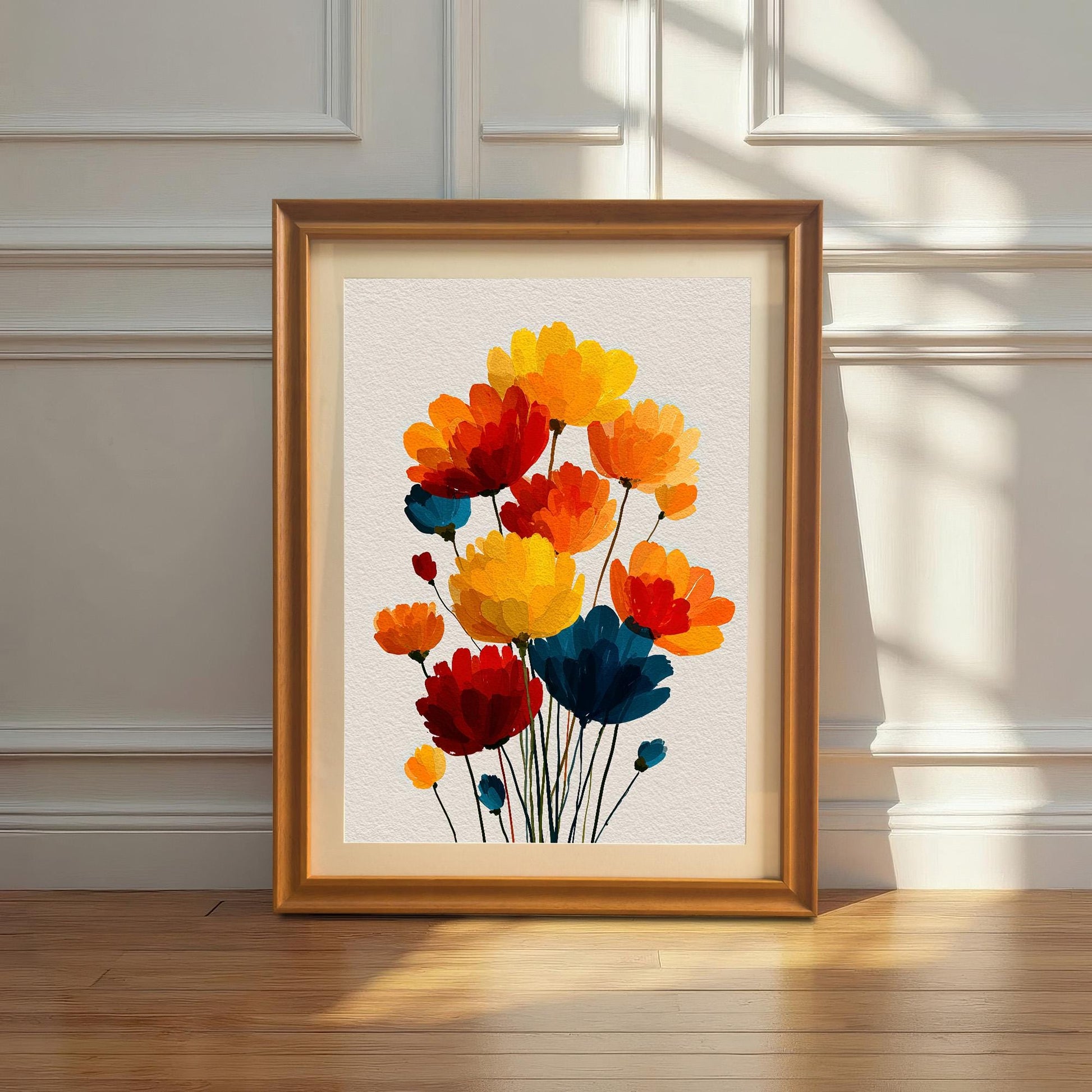 The floral art print in an Orange wood frame, resting on the wooden floor against a white paneled wall, bathed in sunlight.