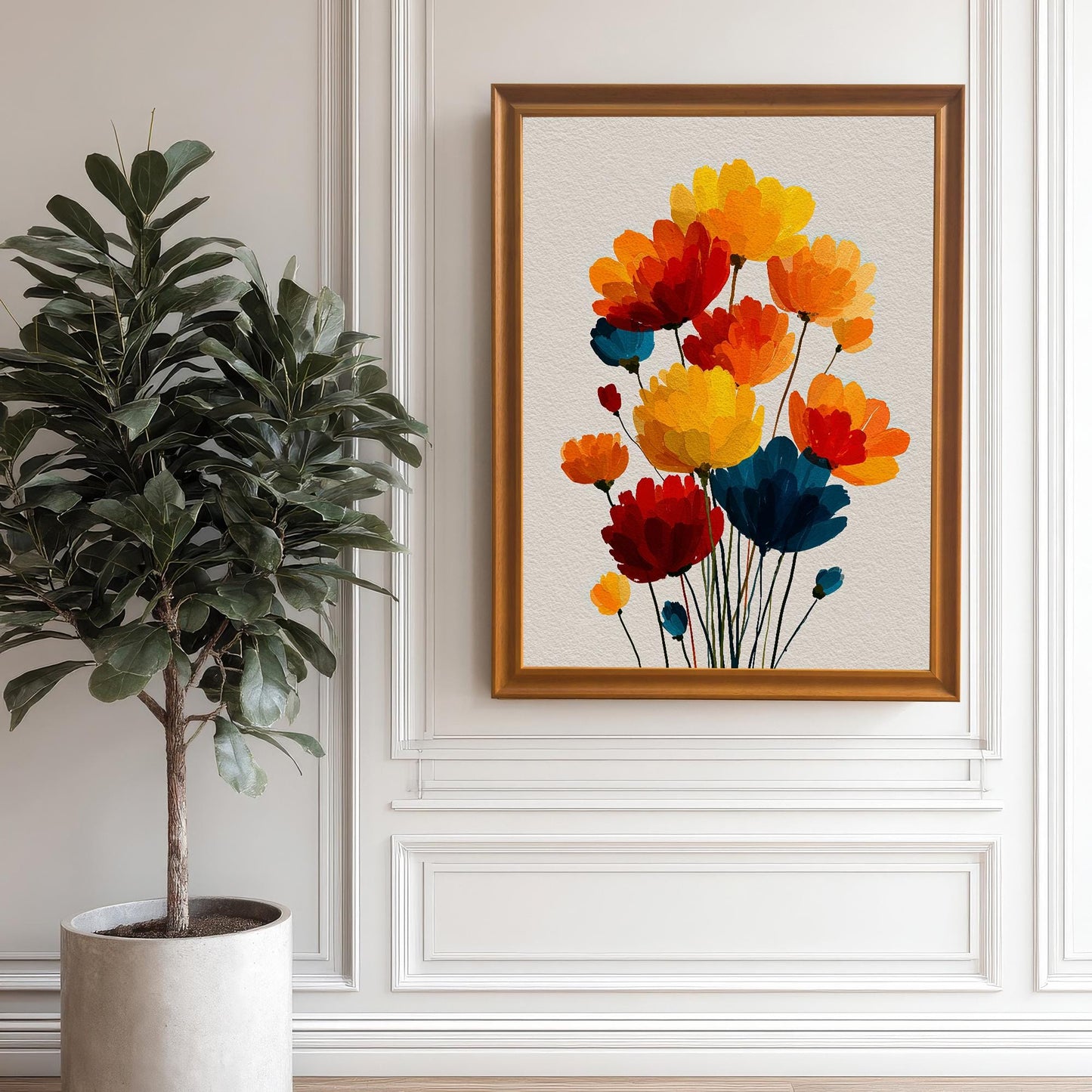 The framed art print in an Orange wood frame, hanging on a white paneled wall next to a large potted fiddle-leaf fig plant.