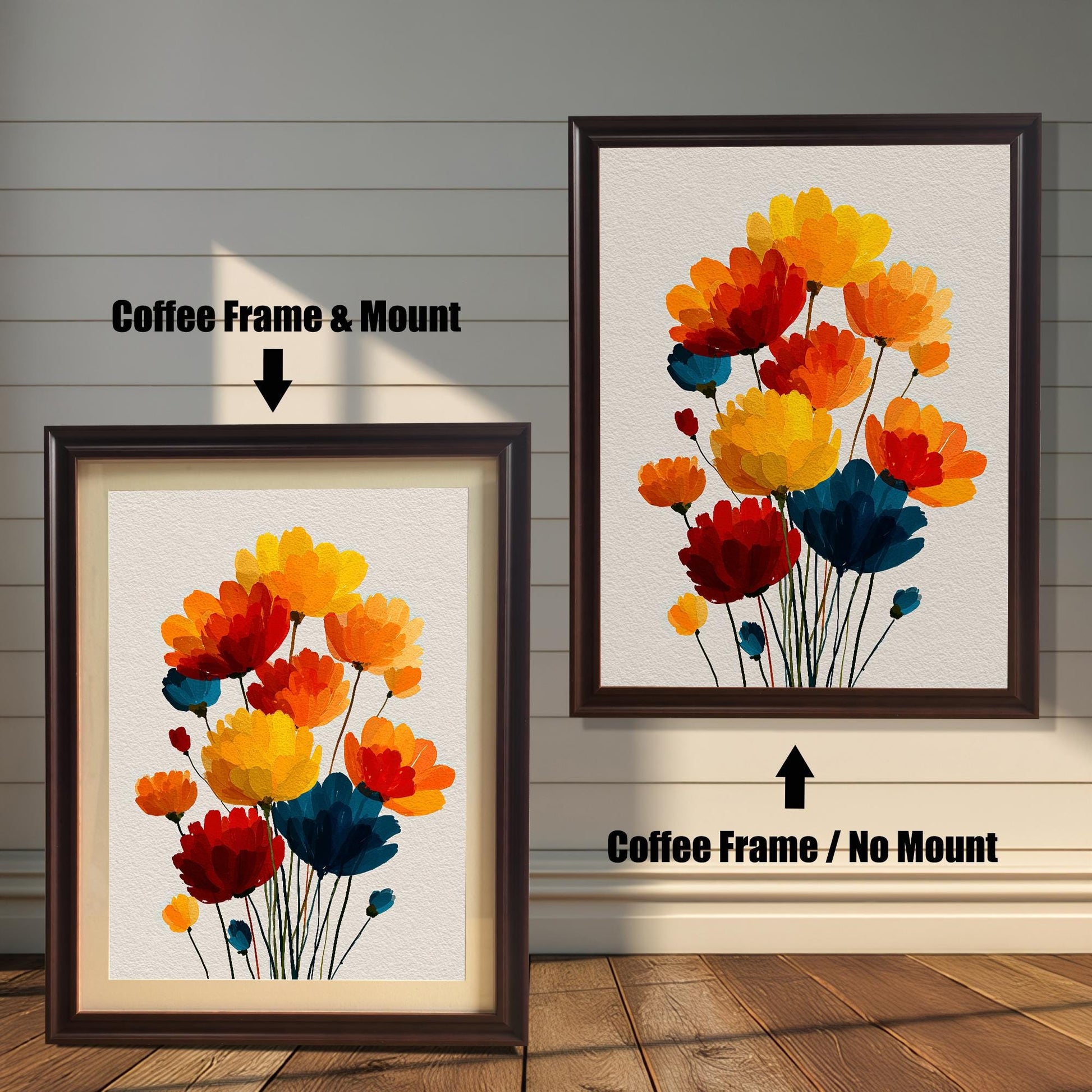 Comparison of the framed art print. On the left, a Coffee Frame & Mount (mat) around the colorful flower art. On the right, a Coffee Frame / No Mount (no mat) around the art.
