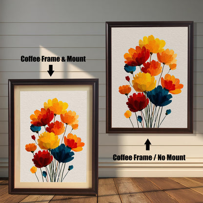 Comparison of the framed art print. On the left, a Coffee Frame & Mount (mat) around the colorful flower art. On the right, a Coffee Frame / No Mount (no mat) around the art.