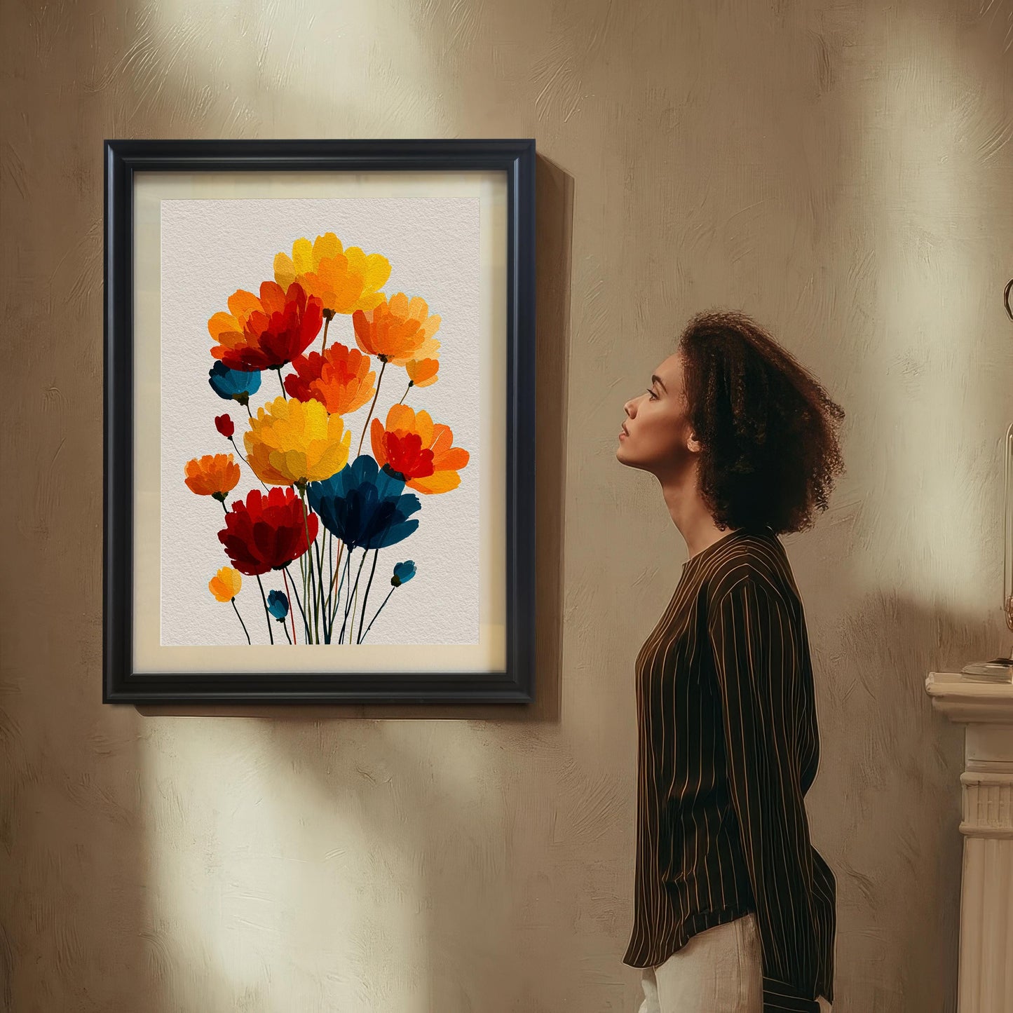 A woman with curly hair, wearing a striped shirt, stands looking up at the framed art print of colorful abstract flowers hanging on a textured beige wall. The frame is Black wood.