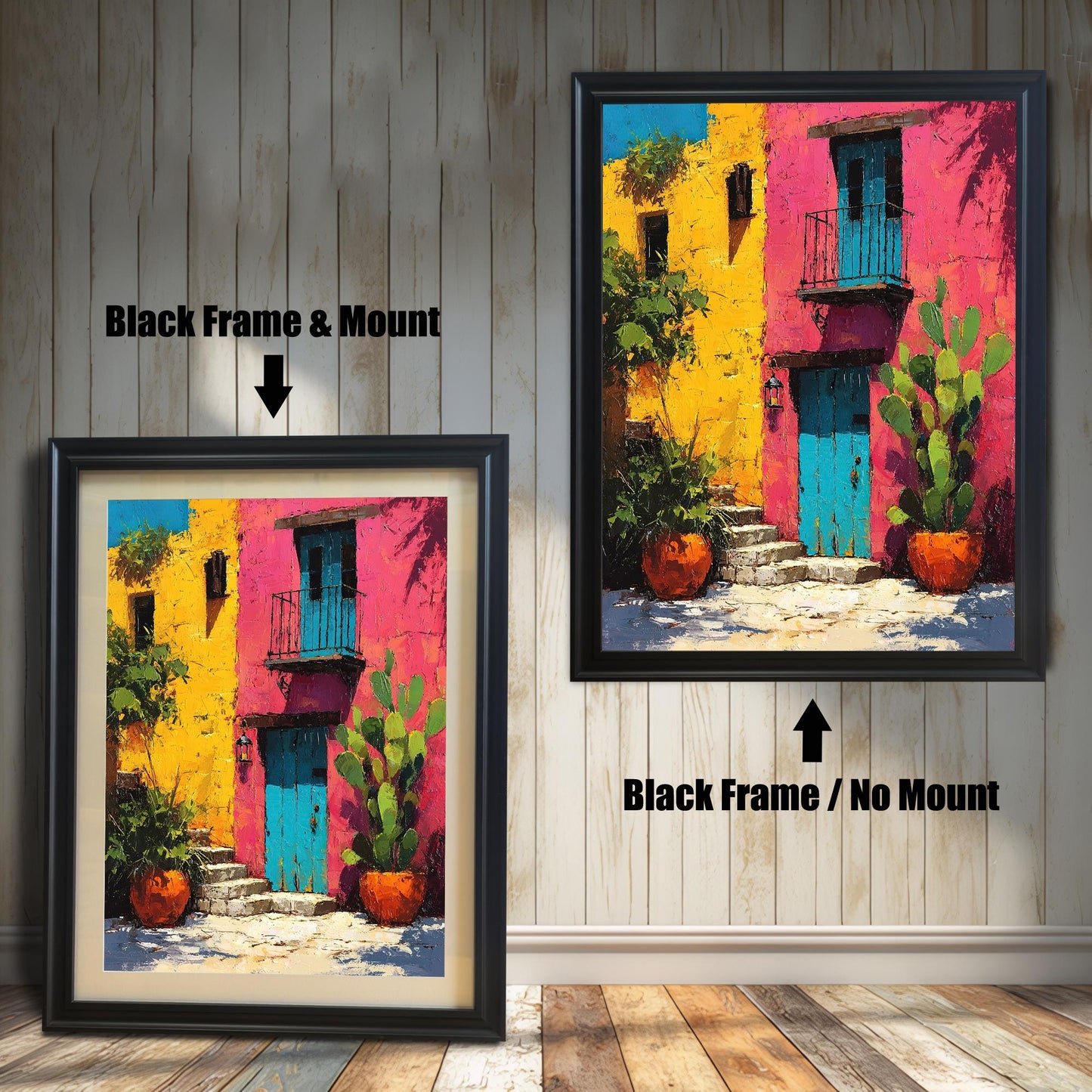 Comparison of the framed art print. On the left, a Black Frame & Mount (mat) around the colorful yellow and pink building art. On the right, a Black Frame / No Mount (no mat) around the art.