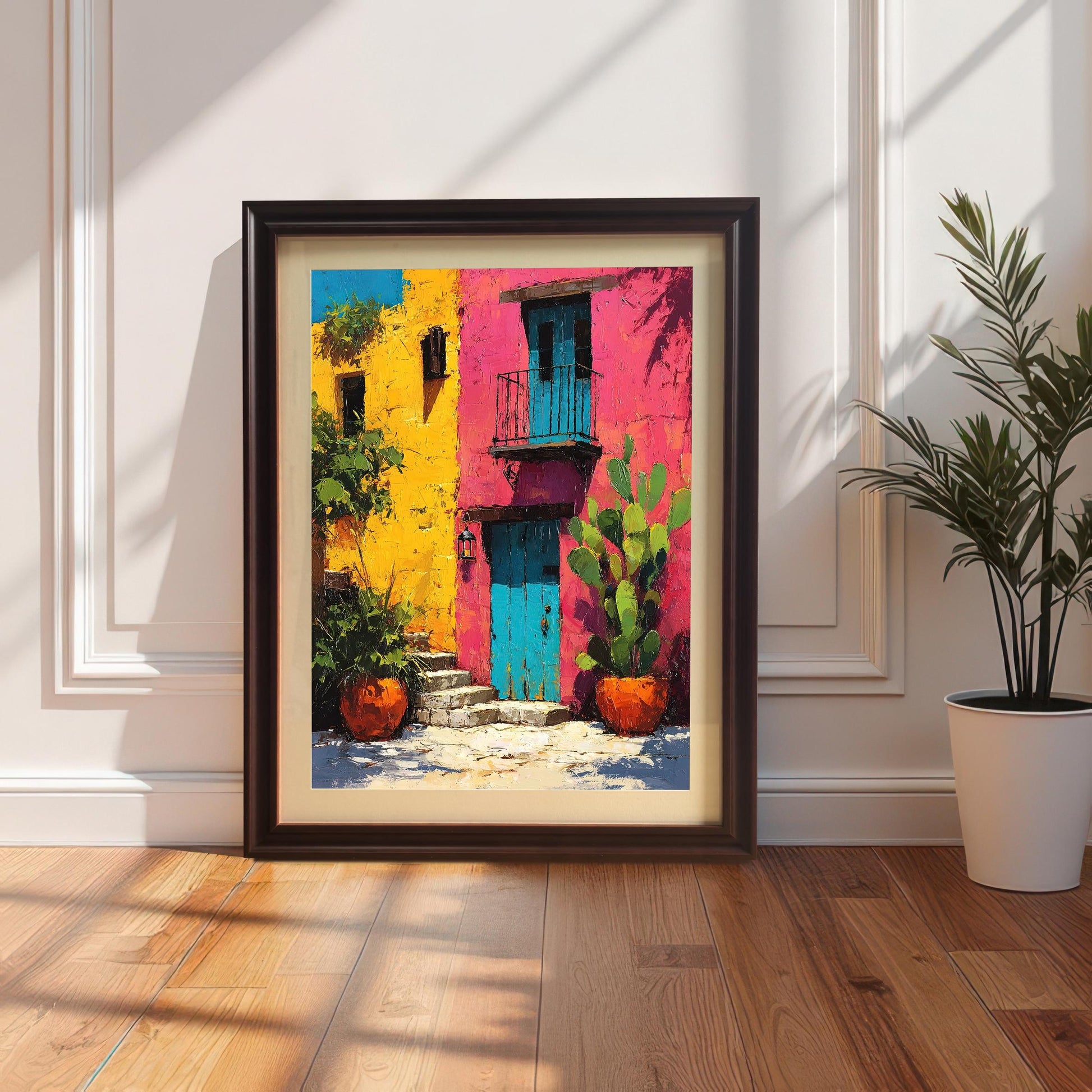 The colorful architectural art print with yellow and magenta walls, a bright blue door, and cactus plants, displayed in a Coffee-colored wood frame with a mat, resting on a wooden floor against a white paneled wall next to a potted palm plant.