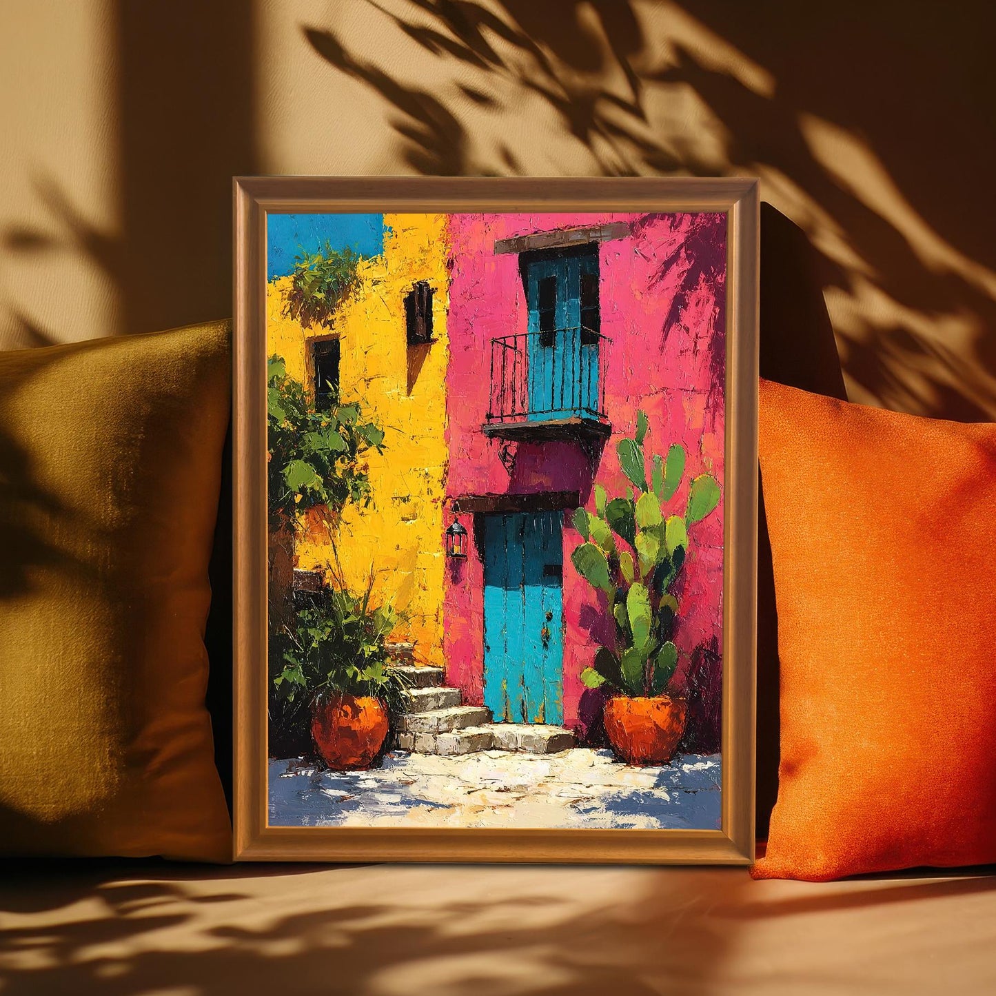The colorful architectural art print in an Orange wood frame, resting on a cushioned surface between a gold and an orange pillow, with dramatic sun shadows cast on the wall.