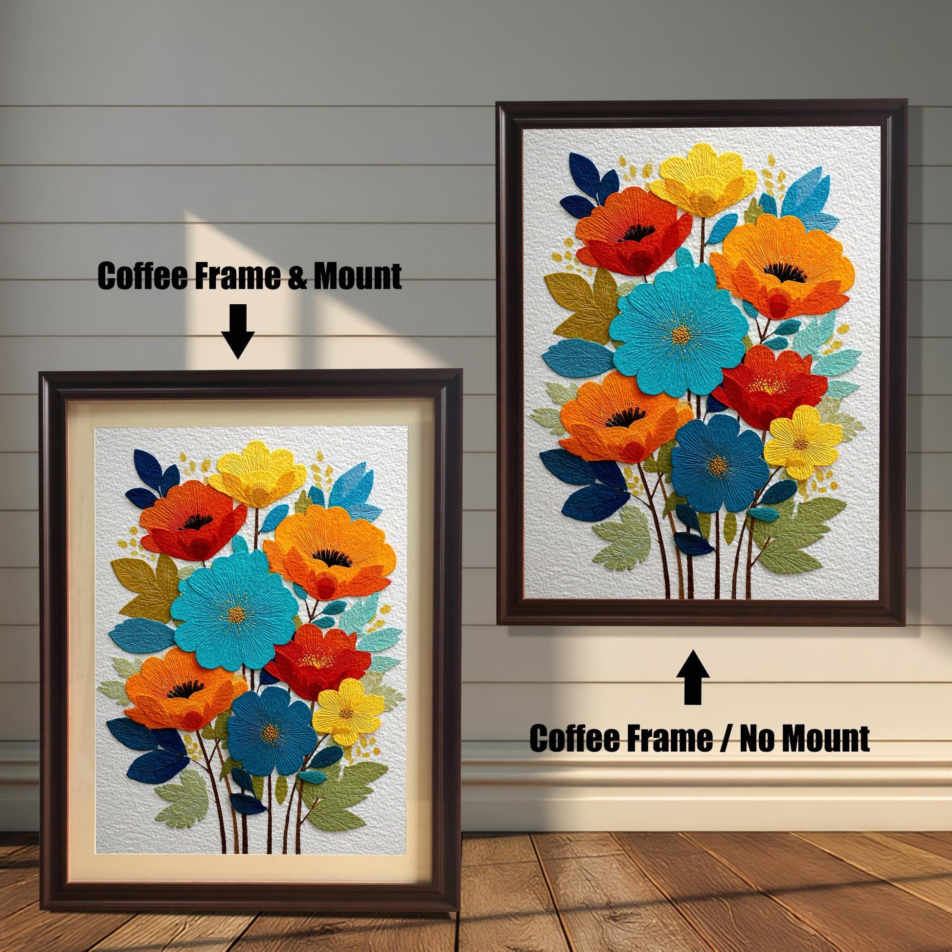 Comparison of the framed art print. On the left, a Coffee Frame & Mount (mat) around the vibrant embroidered-style floral art. On the right, a Coffee Frame / No Mount (no mat) around the art.