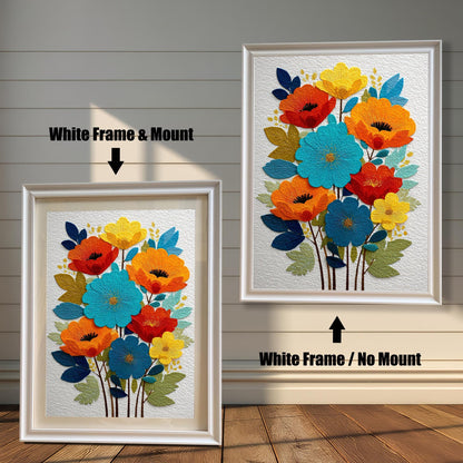 Comparison of the framed art print. On the left, a White Frame & Mount (mat) around the vibrant embroidered-style floral art. On the right, a White Frame / No Mount (no mat) around the art.