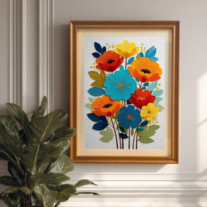 The framed art print in an Orange wood frame with a mat, hanging on a white paneled wall next to a large potted plant, showcasing the colorful textured floral artwork.