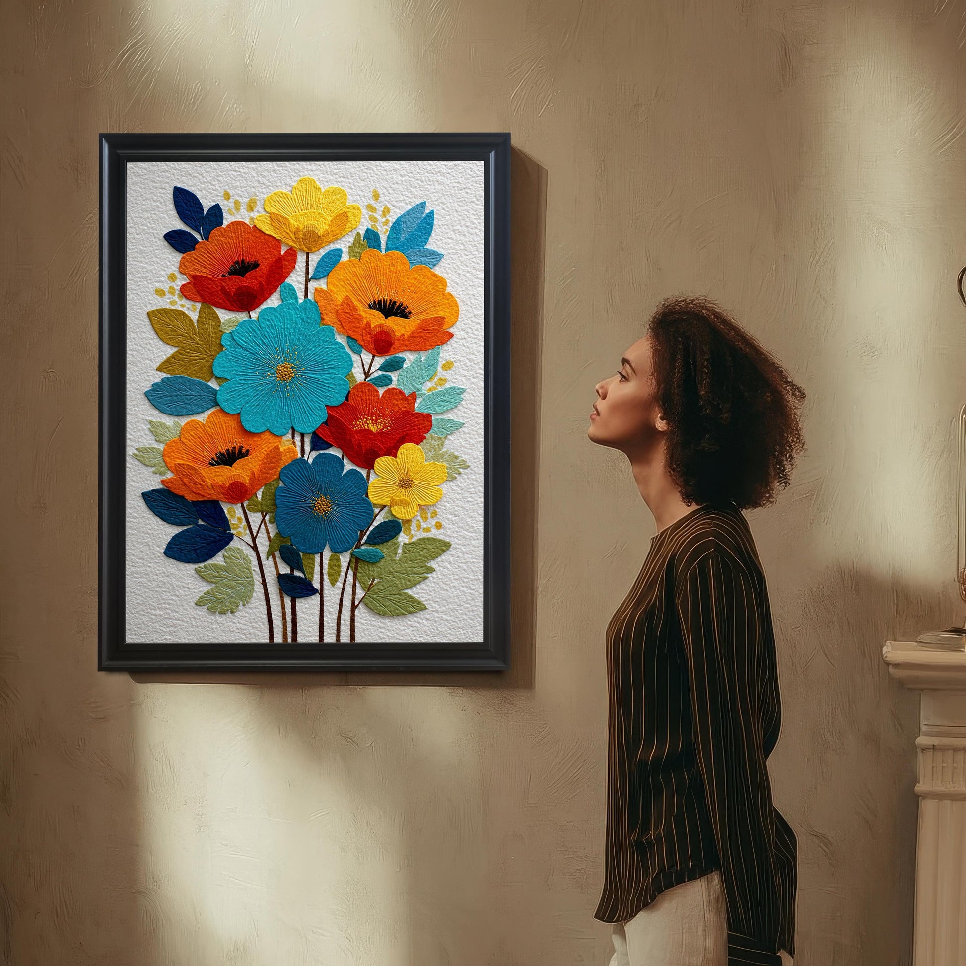 A woman with curly hair, wearing a striped shirt, stands looking up at the framed art print of colorful embroidered-style flowers (orange, blue, yellow) hanging on a textured beige wall. The frame is Black wood.
