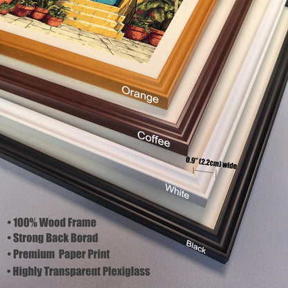 Product detail image showing a stack of the four available 100% Wood Frame colors: Orange, Coffee, White, and Black. Notes include the 0.9" (2.2cm) width and features like Strong Back Board, Premium Paper Print, and Highly Transparent Plexiglass.