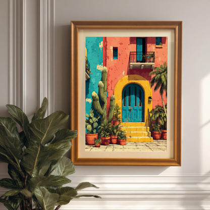 Photo of the framed art print (Orange frame, no mount) hung on a white wainscoted wall in a bright room next to a large potted plant (Fiddle-leaf Fig).