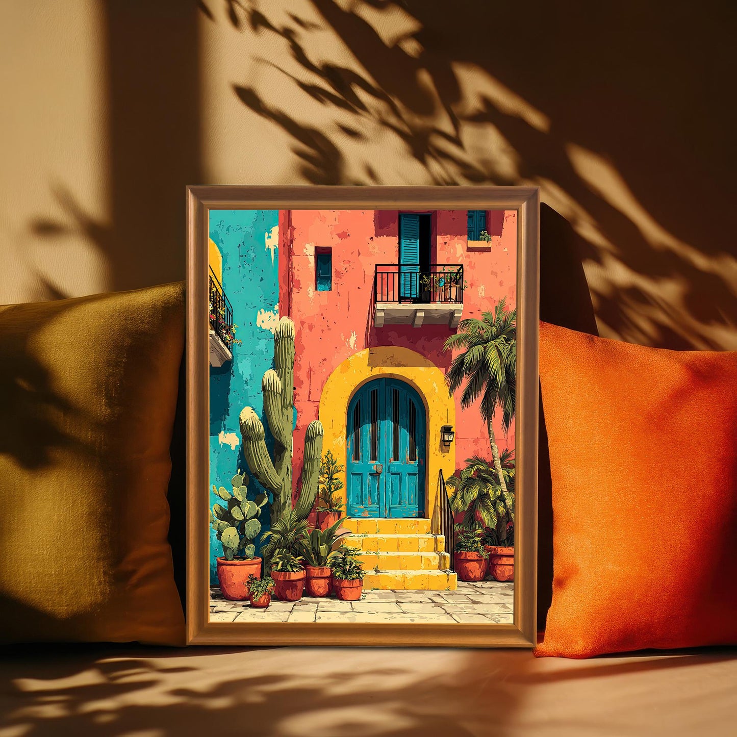 Stylized photo of the framed art print (Orange frame, no mount) leaning on a couch between two orange and olive green pillows, illuminated by a strong, artistic shadow.