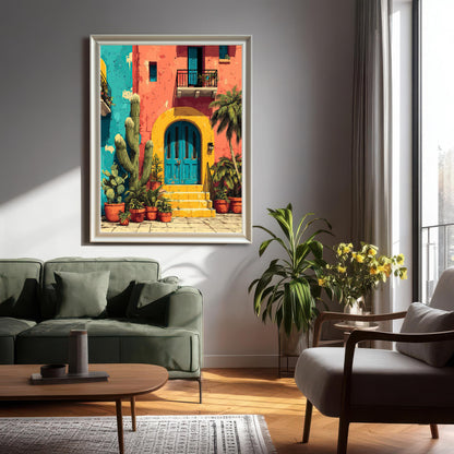 Photo of a large framed art print (White frame, no mount) hung in a modern living room setting over a green sofa, next to a window and a large potted plant.