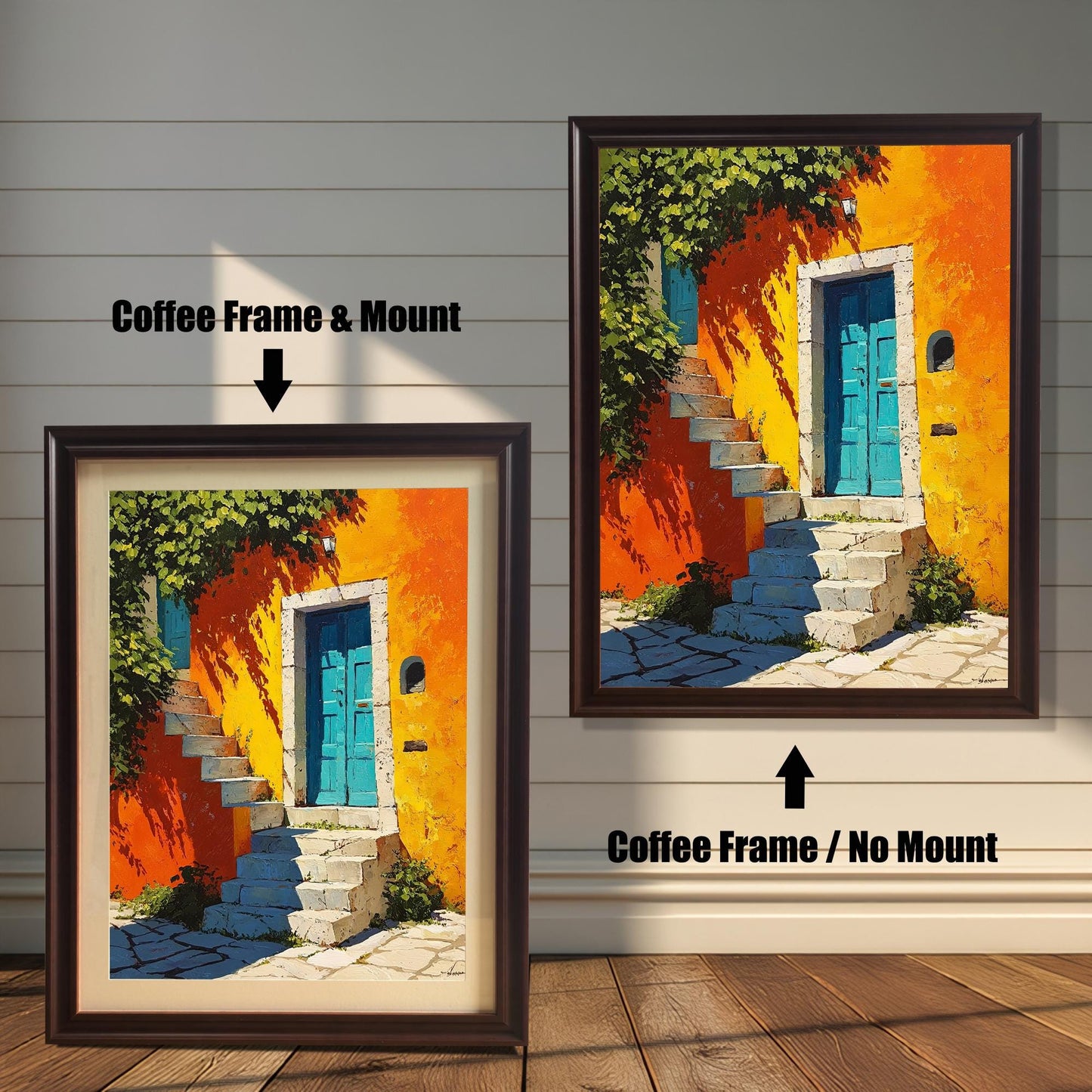 Vibrant art print of a bright orange-yellow wall, turquoise door, and stone steps, shown in a Coffee (dark brown) frame. Comparison shot: Coffee Frame & Mount (with white border/mat) on the left, and Coffee Frame / No Mount (without border/mat) on the right.