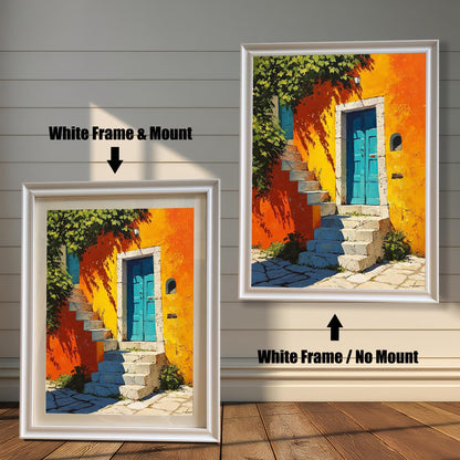 Vibrant art print of an orange building with a blue door and stone steps, shown in a White Frame. Comparison shot: White Frame & Mount (with white border/mat) on the left, and White Frame / No Mount (without border/mat) on the right.