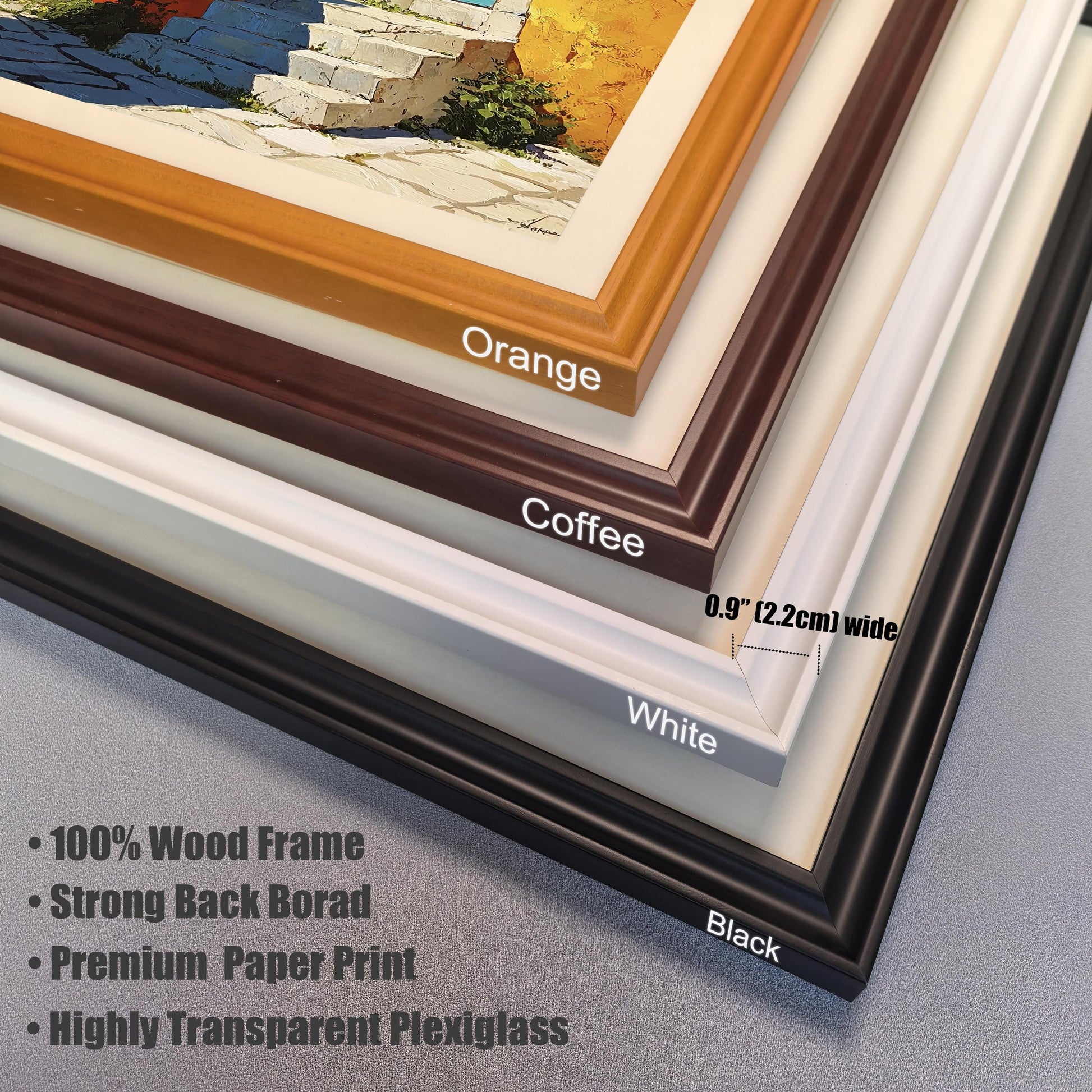 Product detail image showing a stack of the four available 100% Wood Frame colors: Orange, Coffee, White, and Black. Notes highlight the 0.9" (2.2cm) width and features like Strong Back Board and Highly Transparent Plexiglass.