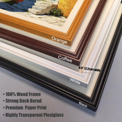 Product detail image showing a stack of the four available 100% Wood Frame colors: Orange, Coffee, White, and Black. Notes highlight the 0.9" (2.2cm) width and features like Strong Back Board and Highly Transparent Plexiglass.