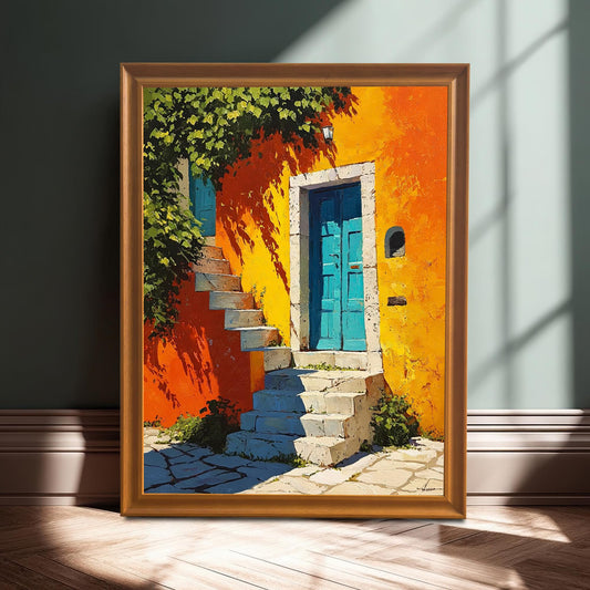 Stylized photo of the framed art print (Orange frame, no mount) resting on a wooden floor against a dark wall, illuminated by a dramatic sunlight shadow. The art depicts an orange wall, blue door, and vine-covered steps.