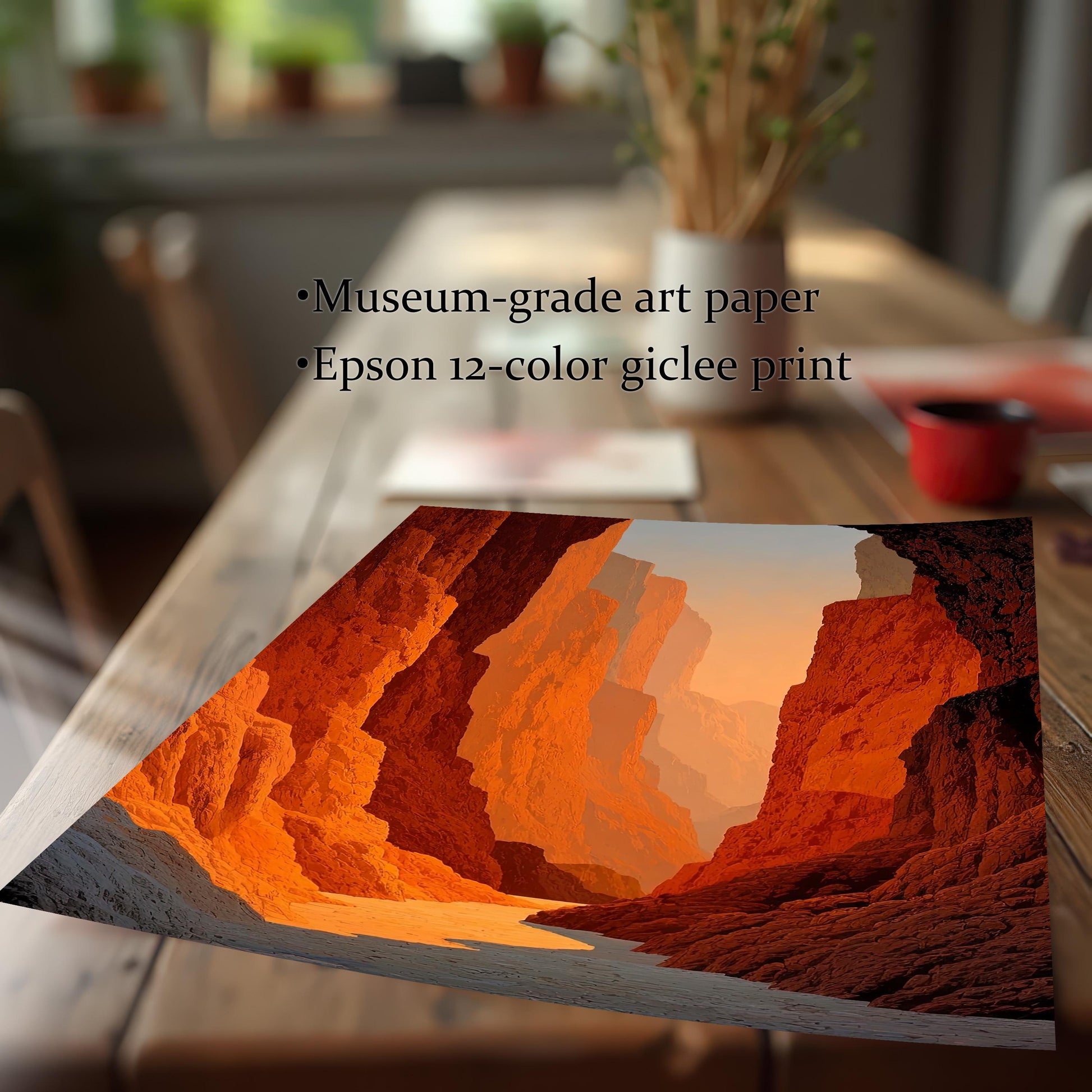 Close-up of the canyon art print resting on a wooden table, emphasizing the art quality features: Museum-grade art paper and Epson 12-color giclee print.