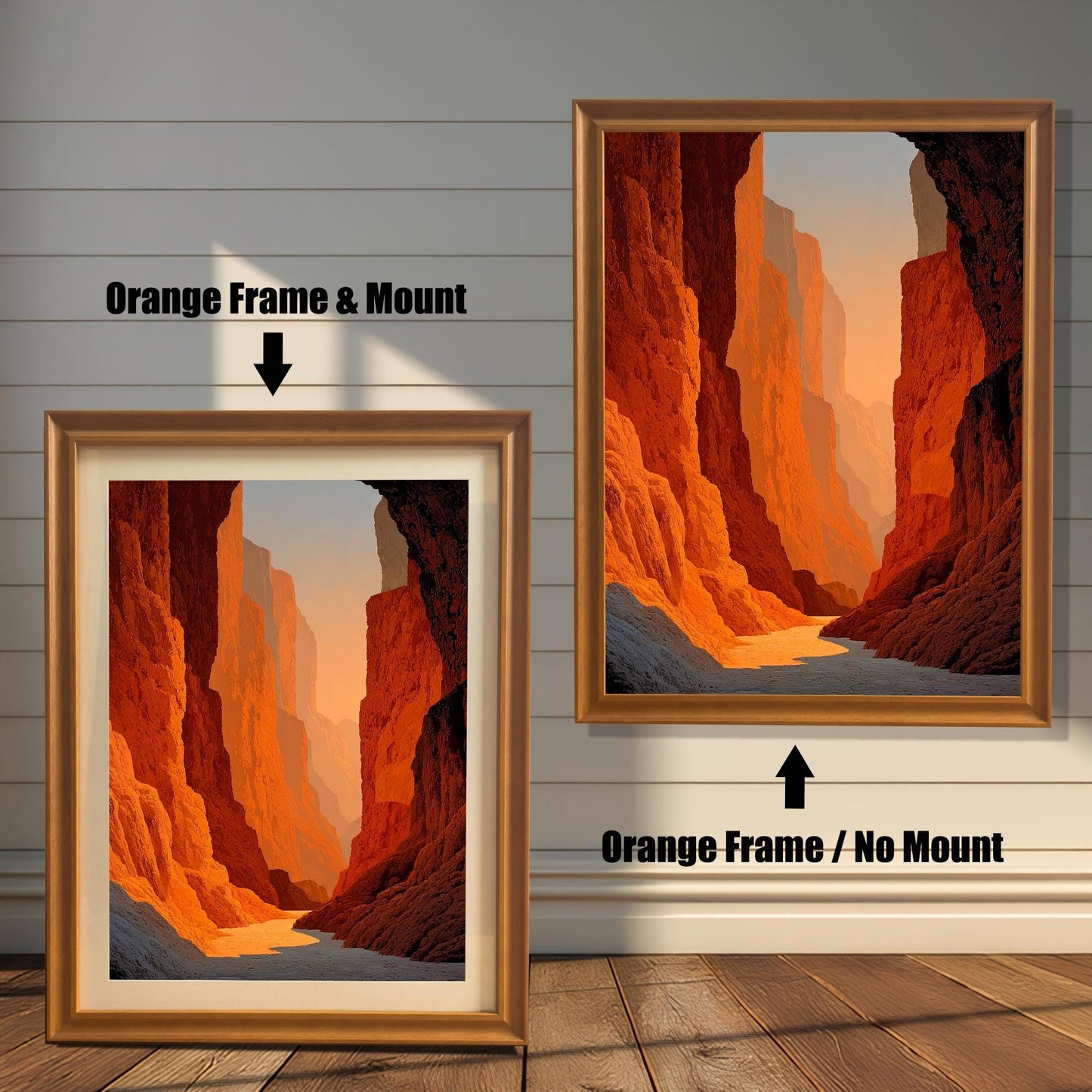 Dramatic art print of a deep red-orange canyon at sunset, shown in an Orange (light brown/wood-tone) frame. Comparison shot: Orange Frame & Mount (with white border/mat) on the left, and Orange Frame / No Mount (without border/mat) on the right.