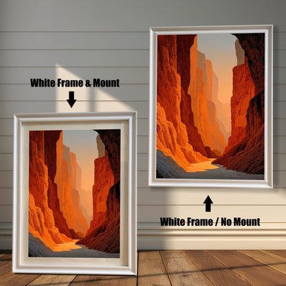 Dramatic art print of a deep red-orange canyon at sunset, shown in a White Frame. Comparison shot: White Frame & Mount (with white border/mat) on the left, and White Frame / No Mount (without border/mat) on the right.