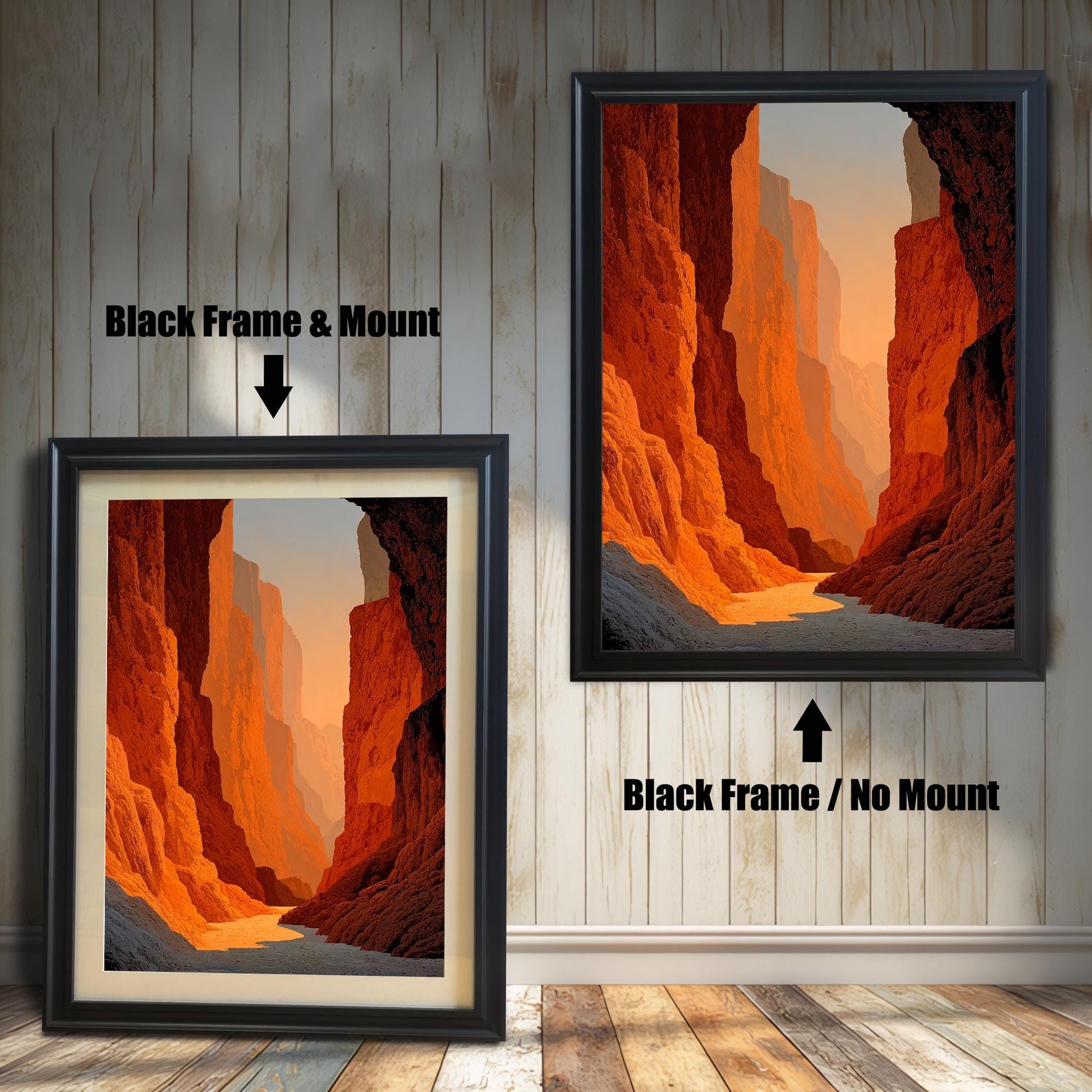 Dramatic art print of a deep red-orange canyon at sunset, shown in a Black Frame. Comparison shot: Black Frame & Mount (with white border/mat) on the left, and Black Frame / No Mount (without border/mat) on the right.