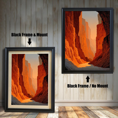 Dramatic art print of a deep red-orange canyon at sunset, shown in a Black Frame. Comparison shot: Black Frame & Mount (with white border/mat) on the left, and Black Frame / No Mount (without border/mat) on the right.