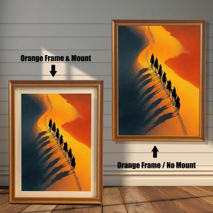 Dramatic desert art print featuring a camel caravan silhouette traveling along a golden dune. Comparison shot: Orange Frame & Mount (with white border/mat) on the left, and Orange Frame / No Mount (without border/mat) on the right.