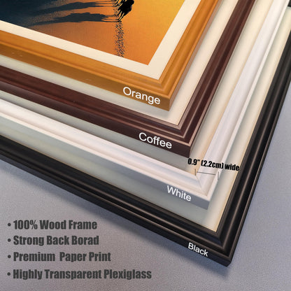 Product detail image showing a stack of the four available 100% Wood Frame colors: Orange, Coffee, White, and Black. Notes include the 0.9" (2.2cm) width and features like Strong Back Board, Premium Paper Print, and Highly Transparent Plexiglass.