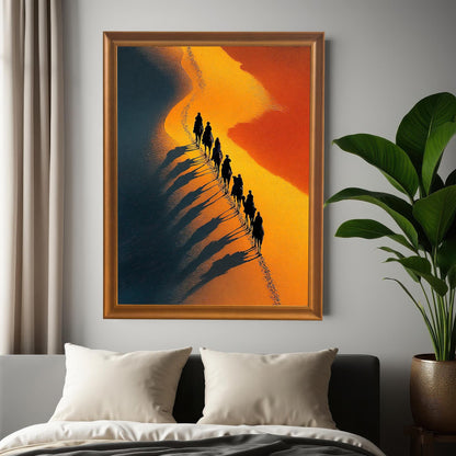 Photo of the framed desert art print (Orange Frame / No Mount) hung on a gray wall above a bed, next to a window and a large potted plant, showing the art in a bedroom setting.