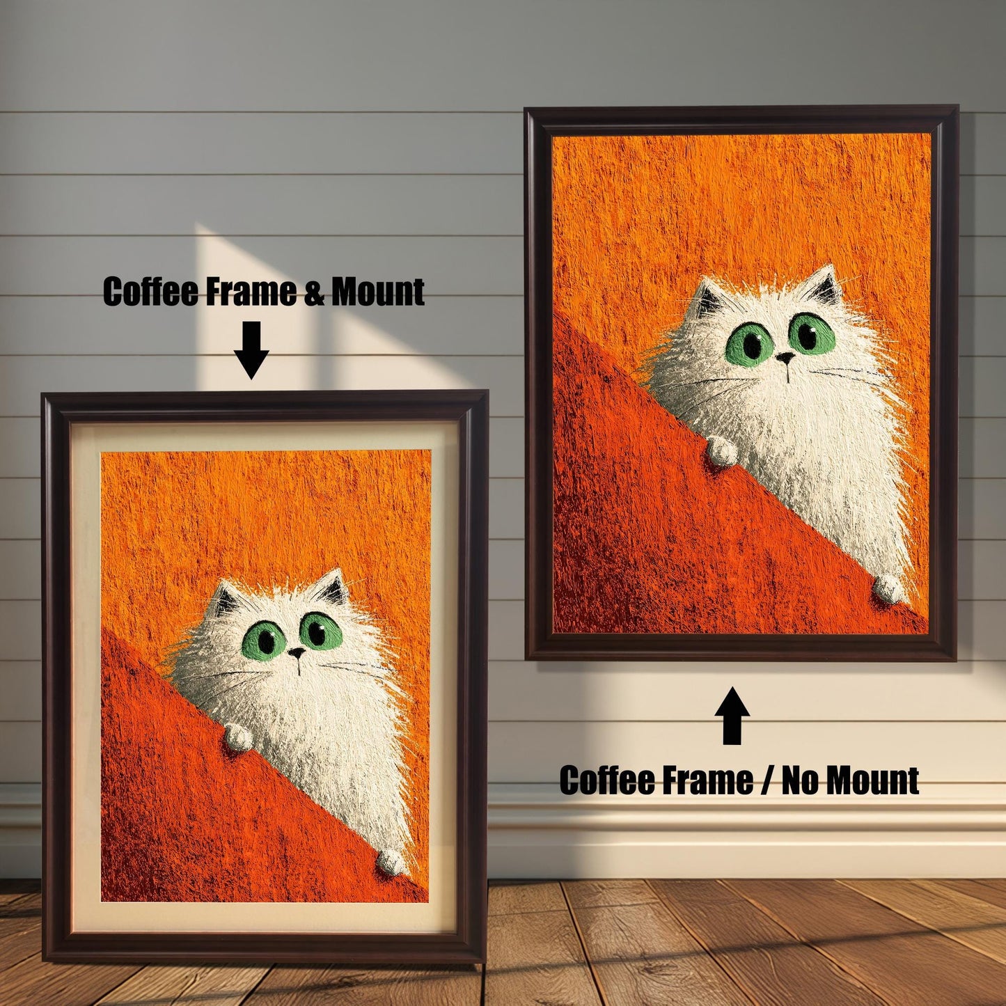 Two framed prints of the white cat on a rustic wood-paneled floor and wall. The left shows a Coffee Frame & Mount (matting), and the right shows a Coffee Frame / No Mount.