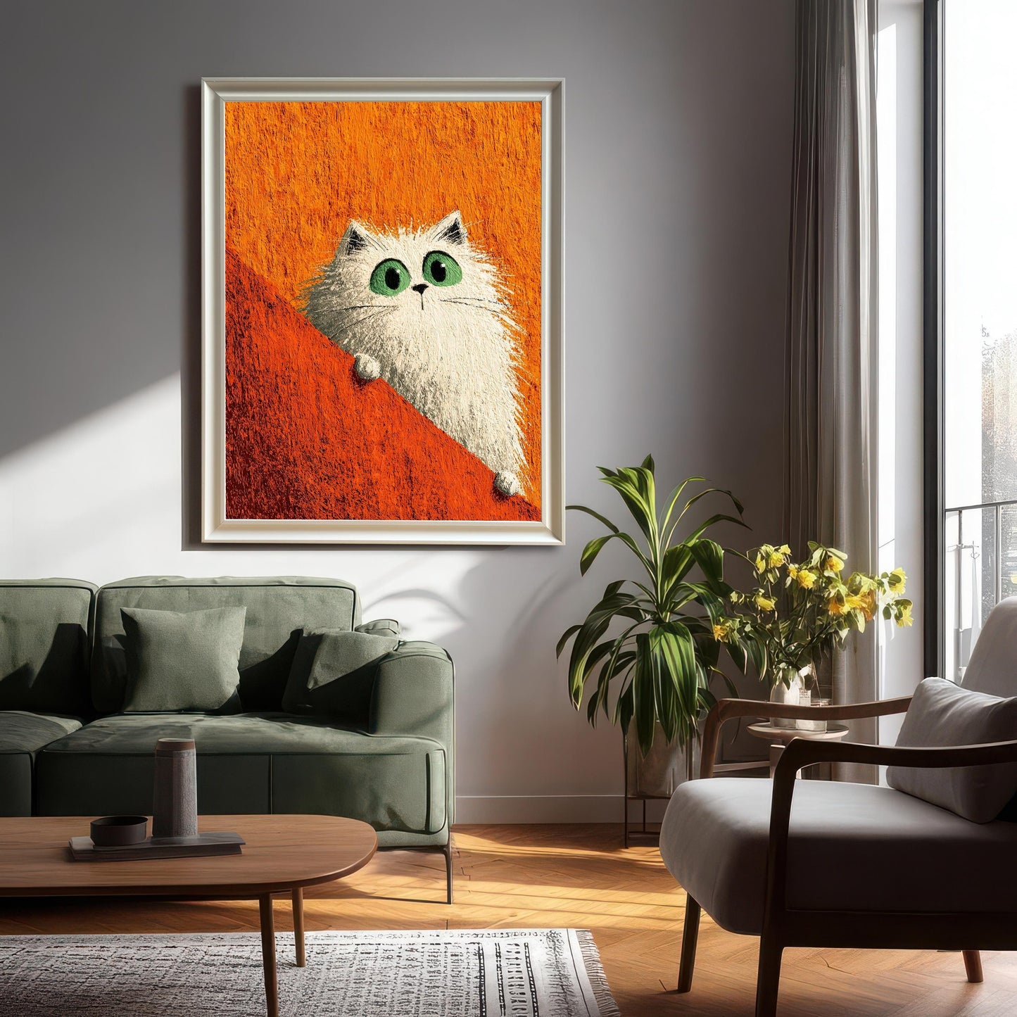 Large framed print of the white cat in a White-colored frame hanging on a light grey wall in a living room setting with a green sofa and plant.