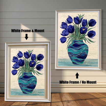 Two framed prints of the blue tulips in a turquoise vase. The left shows a White Frame & Mount (matting), and the right shows a White Frame / No Mount.