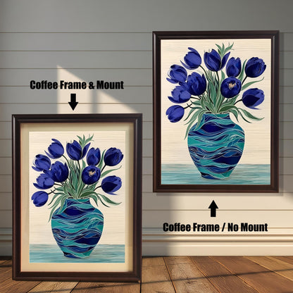 Two framed prints of the blue tulips in a turquoise vase. The left shows a Coffee Frame & Mount (matting), and the right shows a Coffee Frame / No Mount.