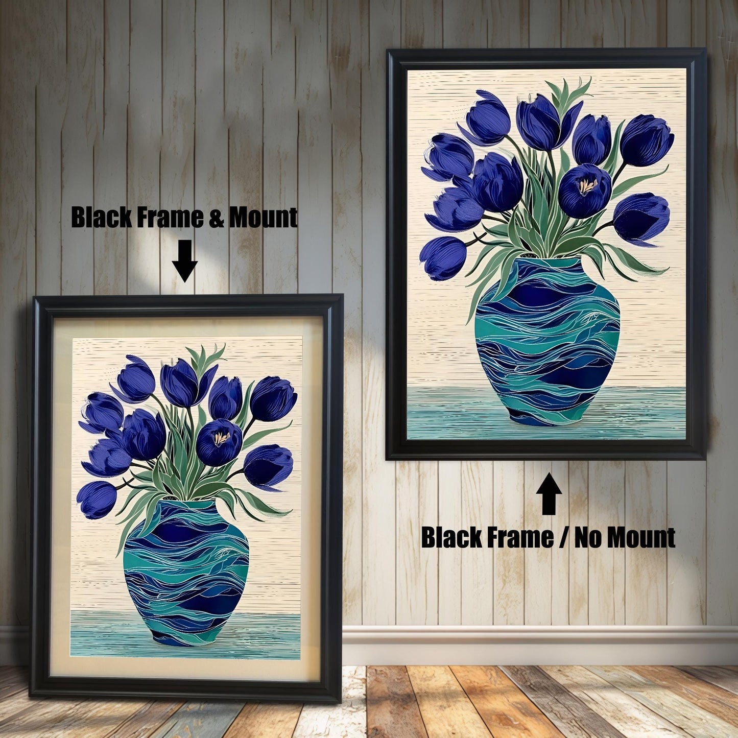 Two framed prints of the blue tulips in a turquoise vase. The left shows a Black Frame & Mount (matting), and the right shows a Black Frame / No Mount.