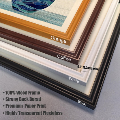 Close-up corner view showing four available wood frame colors: Orange, Coffee, White, and Black. Text notes the frame is 0.9" (2.2cm) wide and details the product: 100% Wood Frame, Strong Back Borad, Premium Paper Print, Highly Transparent Plexiglass.