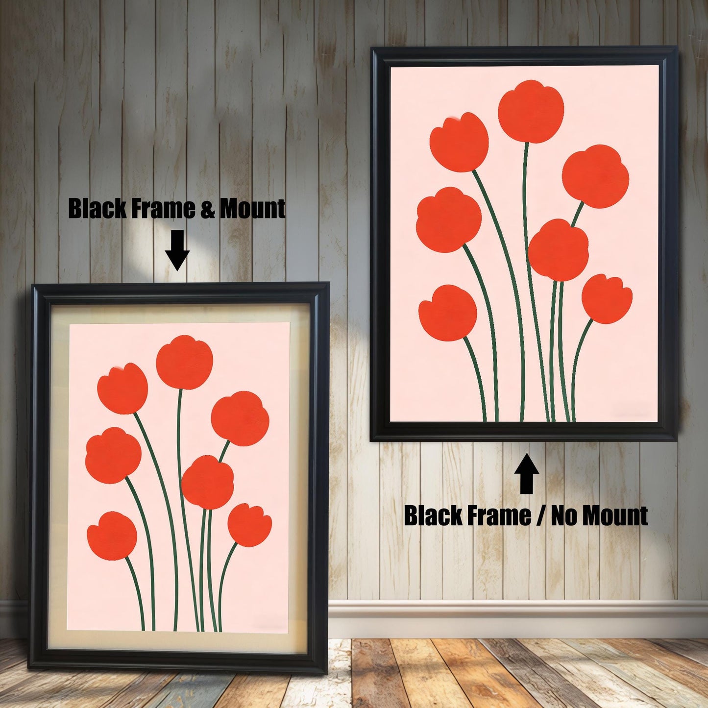 Two framed prints of seven red, stylized flowers with green stems on a pale pink background. The left shows a Black Frame & Mount (matting), and the right shows a Black Frame / No Mount.